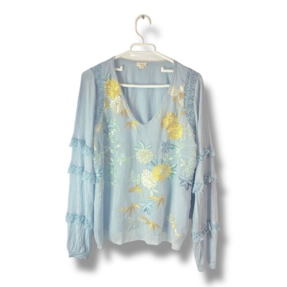 Beautiful TINY Embroidered Boho Blouse – Light Blue, Size L, Made in China - Picture 3 of 12
